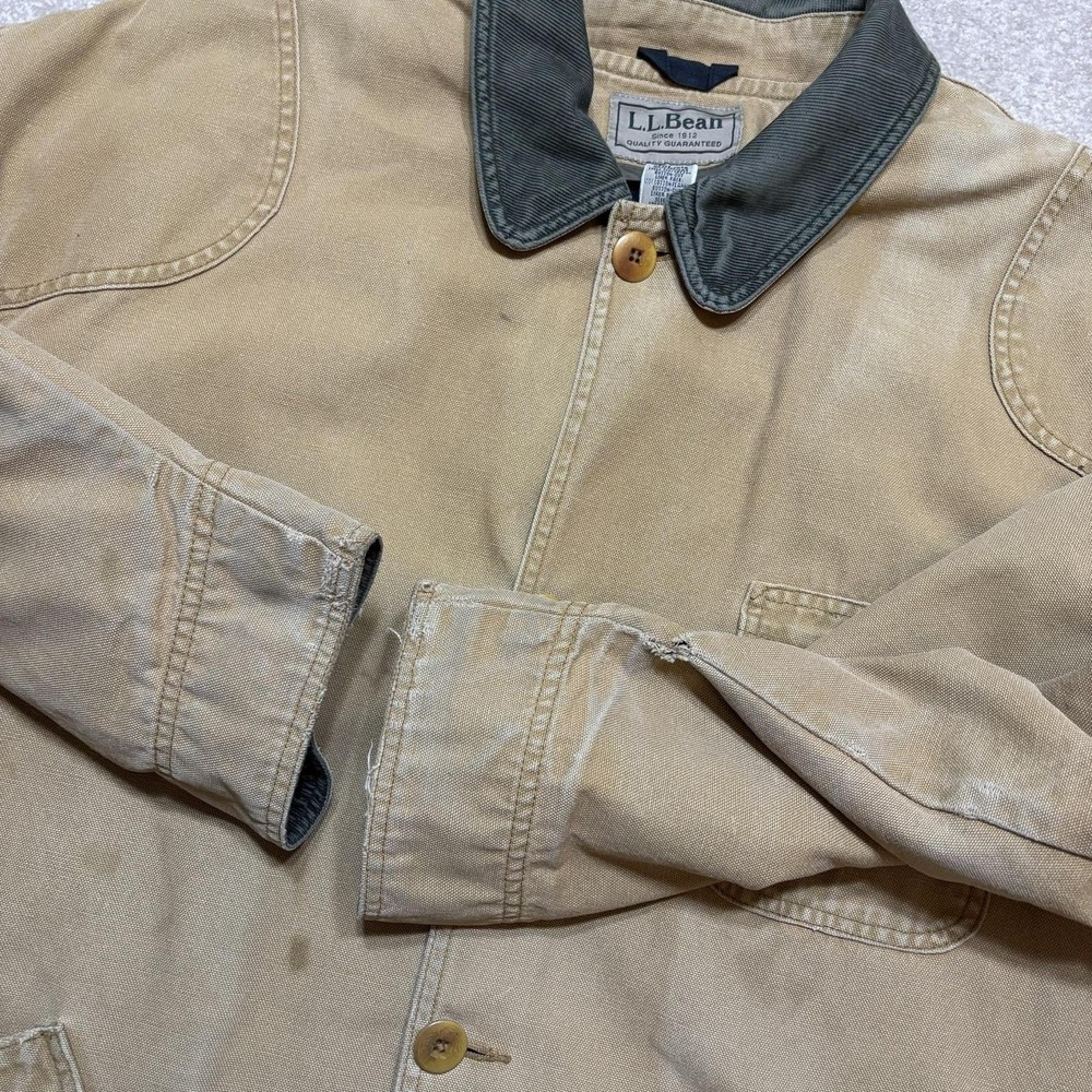 Vtg LL Bean Jacket XXL Beige Canvas Plaid Lined Field Barn Chore Coat Distressed - Picture 15 of 16